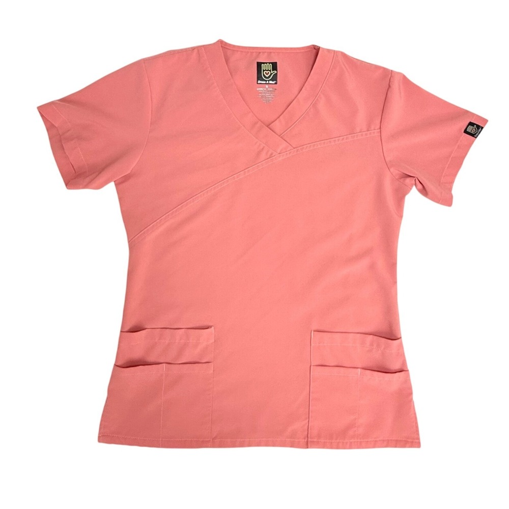 Dress A Med Scrub Top S Coral Pink Mock Wrap V-Neck Extreme Flex Medical ST100‎